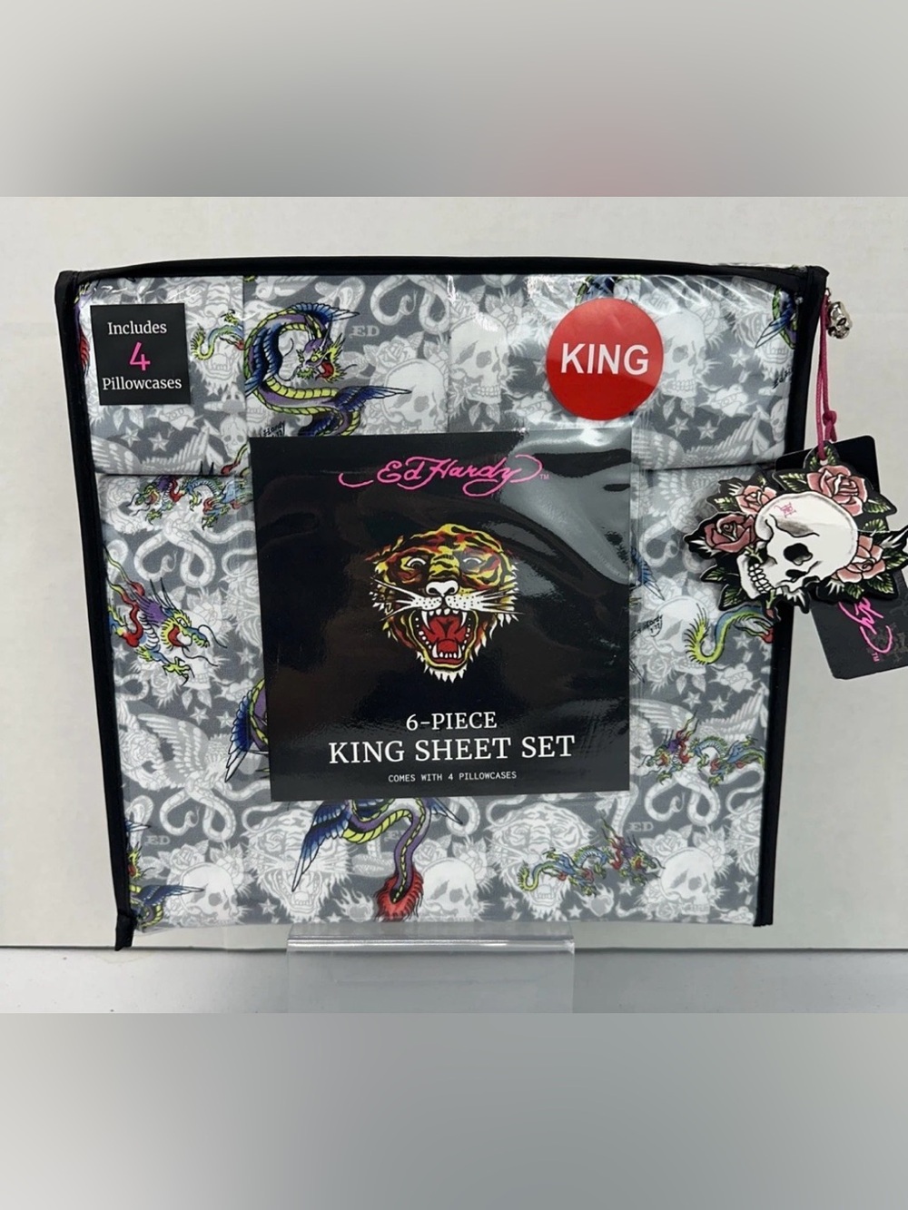 Ed Hardy KING 6pc Bed Sheet Set Fire Flying Dragon Tattoo White Grey